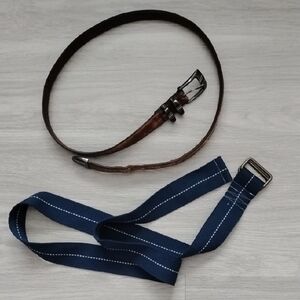 Men's Belts. Navy Blue Webbing & Vintage Brown Italian Leather